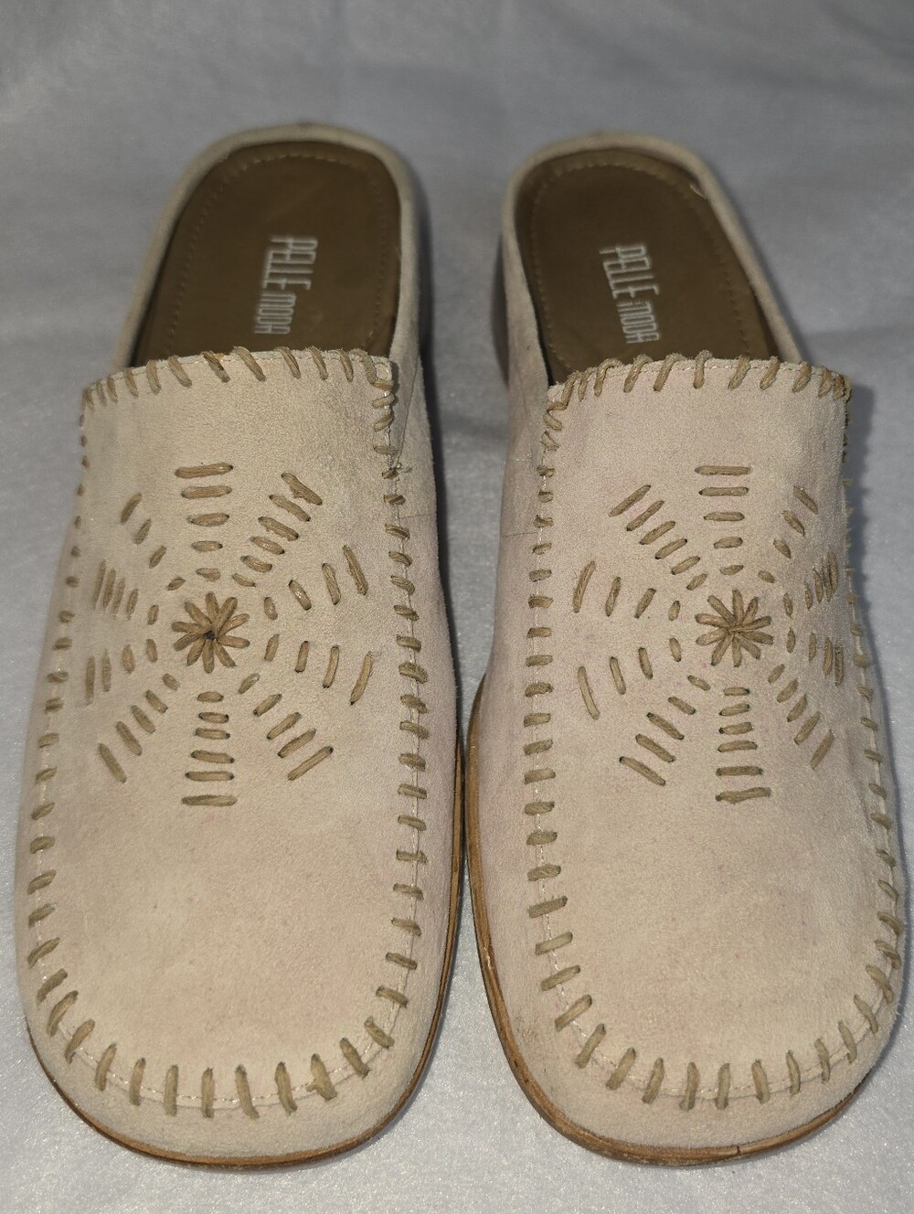 Vintage Pelle Moda Perforated Suede Mules Size 7 Boho Sunburst